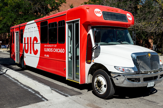 Branded UIC shuttle bus.