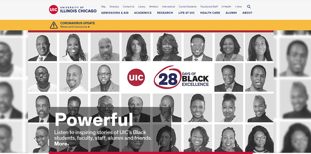 UIC home page celebrating Black History Month - 28 Days of Black Excellence
